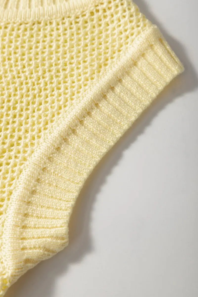 Yellow Solid Color Hollowed Knit Round Neck Sweater Vest - Love Salve